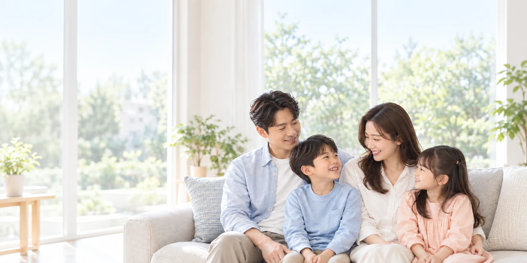 햇살이 드는 거실에서 부모와 두 아이가 서로 바라보며 웃는 AI 생성 가족 이미지